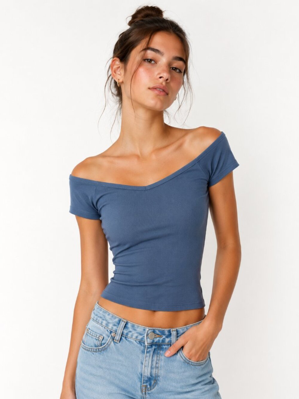 Wild Fable Juniors Ribbed Scoop Neck Fitted Crop Tee Blue XXS